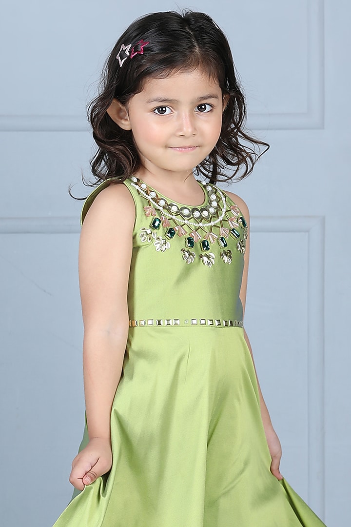 Green Silk Flared Jumpsuit For Girls by The Little celebs at Pernia's Pop Up Shop