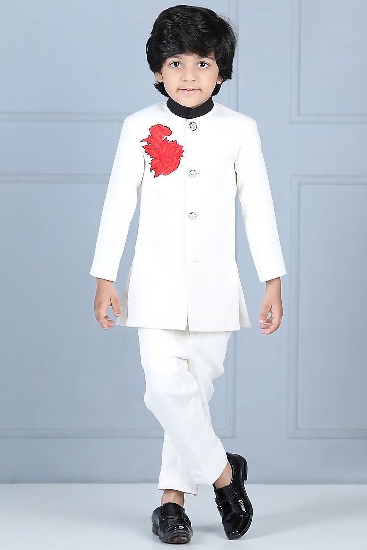 White Imported Crepe Embroidered Sherwani Set For Boys by The Little celebs