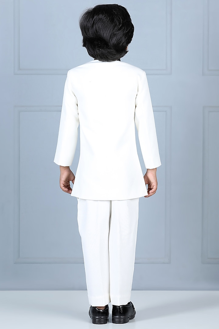 White Imported Crepe Embroidered Sherwani Set For Boys by The Little celebs at Pernia's Pop Up Shop