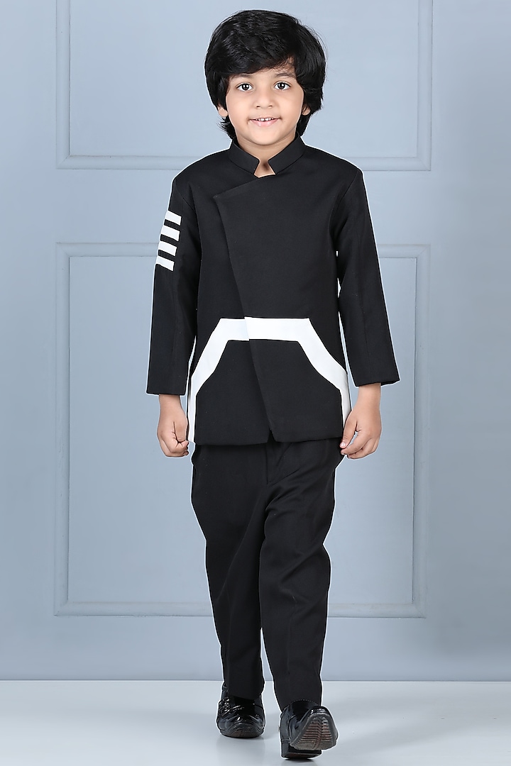 Black Imported Crepe Bandhgala Set For Boys by The Little celebs