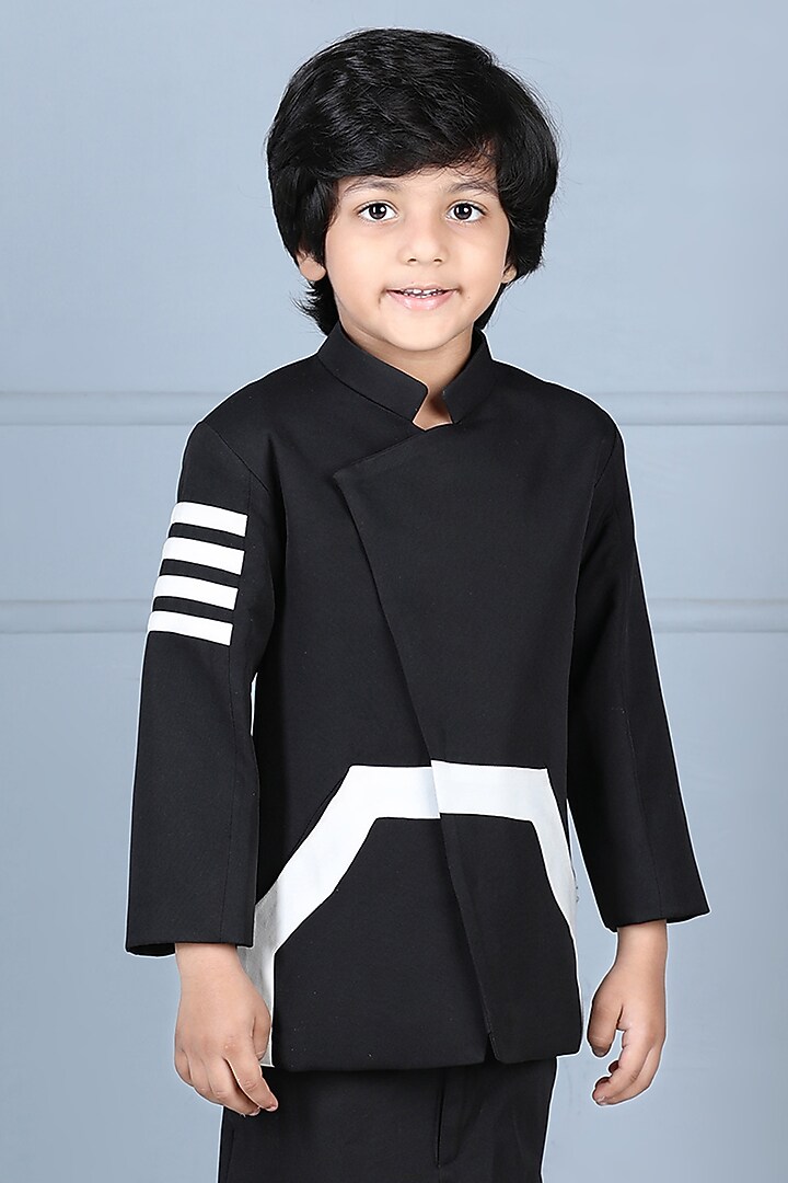 Black Imported Crepe Bandhgala Set For Boys by The Little celebs at Pernia's Pop Up Shop