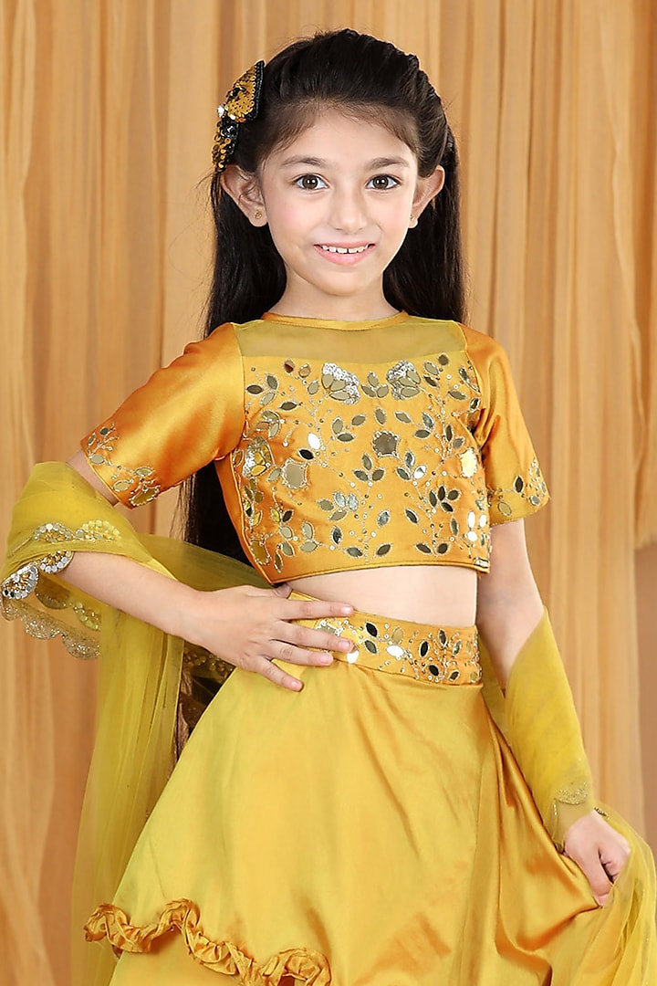 Mustard Yellow Silk Layered Lehenga Set For Girls by The Little celebs at Pernia's Pop Up Shop