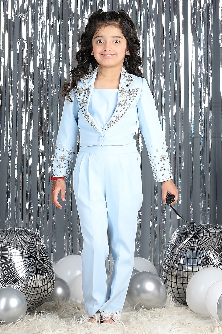 Ice Blue Imported Crepe Embroidered Co-Ord Set For Girls by The Little celebs at Pernia's Pop Up Shop