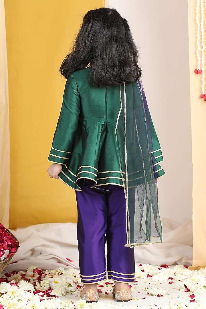 Green & Purple Silk Hand Embroidered Kurta Set For Girls by The Little celebs at Pernia's Pop Up Shop