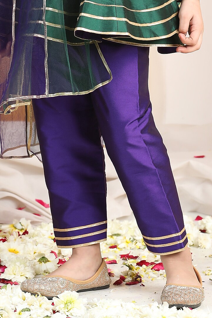 Green & Purple Silk Hand Embroidered Kurta Set For Girls by The Little celebs at Pernia's Pop Up Shop