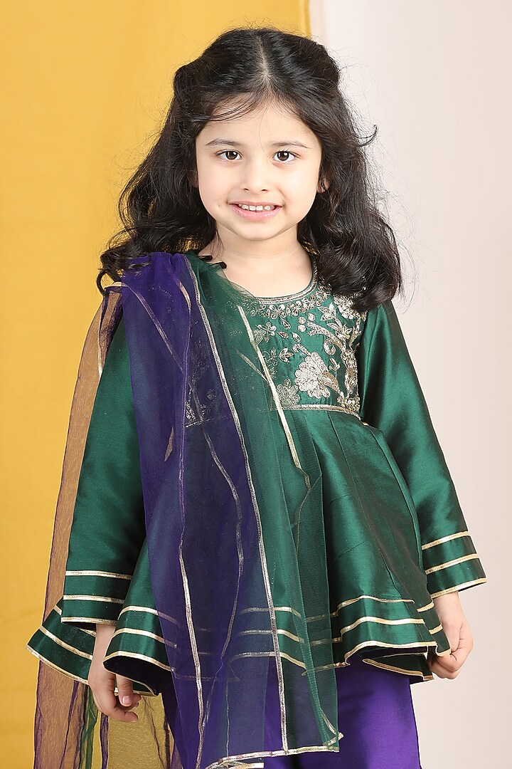 Green & Purple Silk Hand Embroidered Kurta Set For Girls by The Little celebs at Pernia's Pop Up Shop