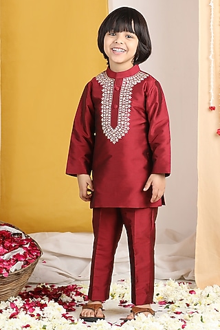 Maroon Silk Thread Embroidered Kurta Set For Boys by The Little celebs