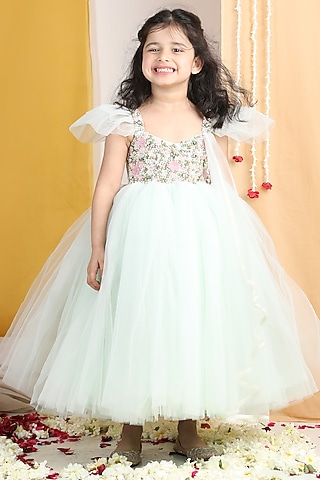 Mint Green Net Hand Embroidered Flared Gown Girls by The Little celebs