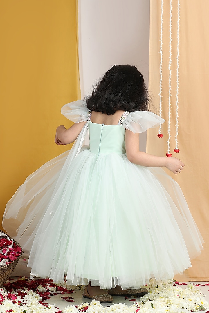 Mint Green Net Hand Embroidered Flared Gown Girls by The Little celebs at Pernia's Pop Up Shop