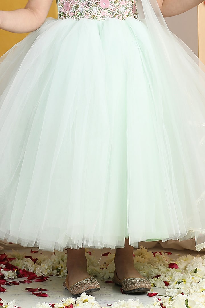Mint Green Net Hand Embroidered Flared Gown Girls by The Little celebs at Pernia's Pop Up Shop