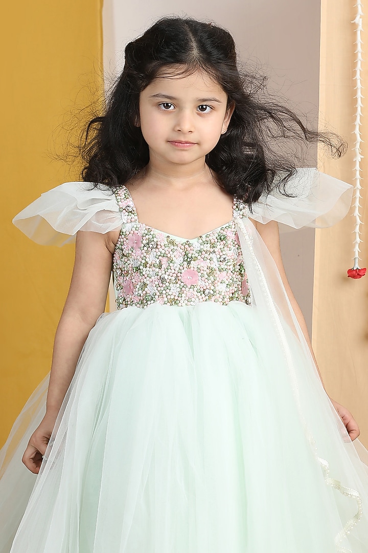Mint Green Net Hand Embroidered Flared Gown Girls by The Little celebs at Pernia's Pop Up Shop