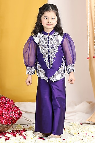 Purple Silk Flared Palazzo Pant Set For Girls by The Little celebs