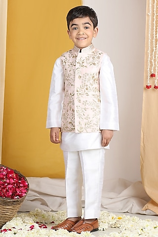 White Silk Zari Work Nehru Jacket Set For Boys by The Little celebs