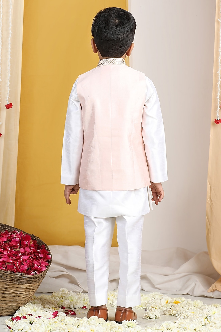 White Silk Zari Work Nehru Jacket Set For Boys by The Little celebs at Pernia's Pop Up Shop