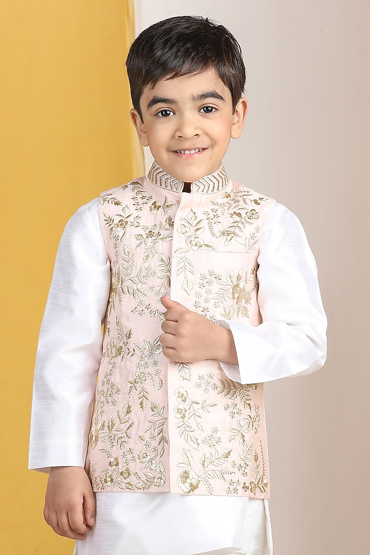 White Silk Zari Work Nehru Jacket Set For Boys by The Little celebs at Pernia's Pop Up Shop