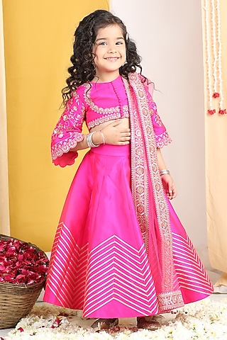 Pink Silk Zari Embroidered Lehenga Set For Girls by The Little celebs