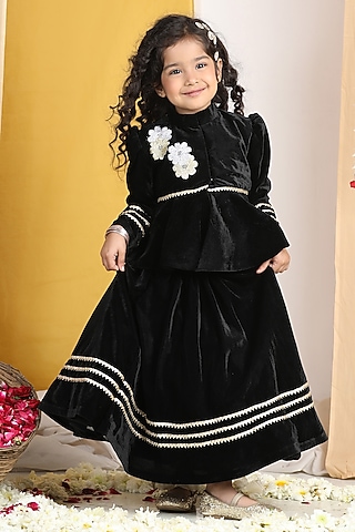 Black Velvet Gota Work Lehenga Set For Girls by The Little celebs