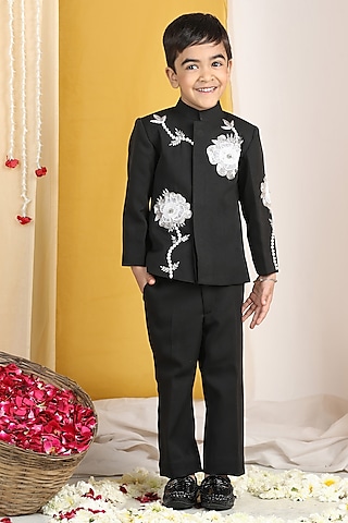 Black Imported Crepe Pearl Embroidered Sherwani Set For Boys by The Little celebs