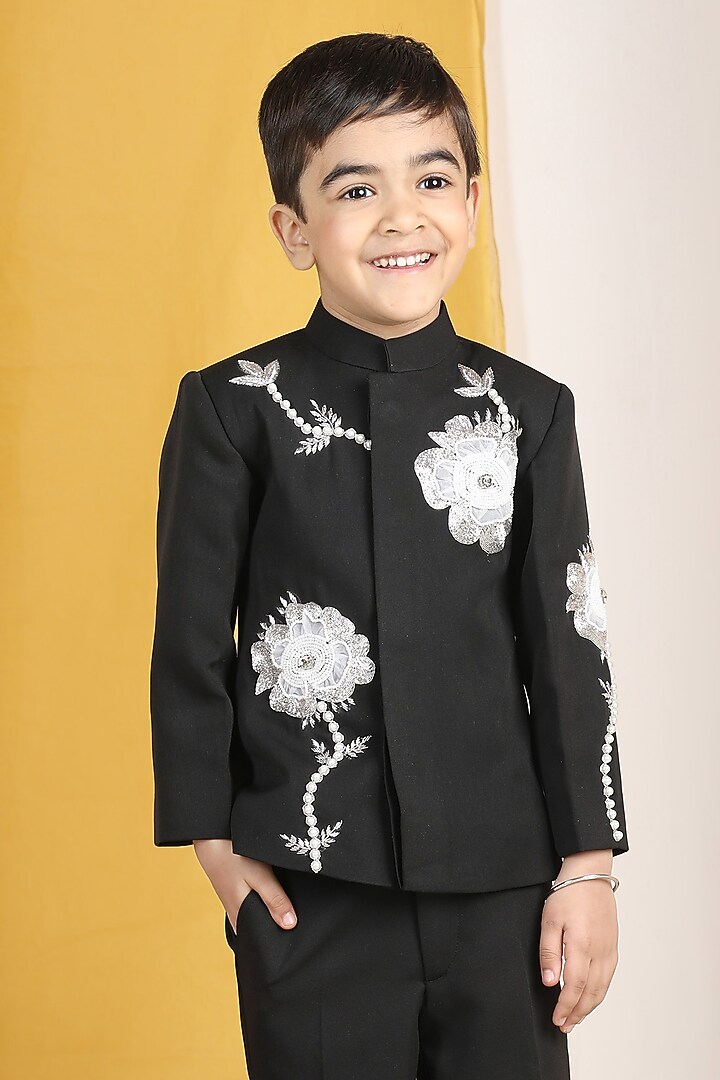 Black Imported Crepe Pearl Embroidered Sherwani Set For Boys by The Little celebs at Pernia's Pop Up Shop