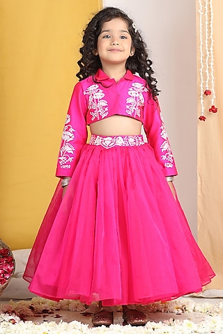 Pink Net Flared Lehenga Set For Girls by The Little celebs
