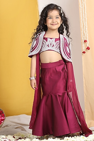 Maroon Silk & Georgette Moti Hand Work Jacket Lehenga Set For Girls by The Little celebs