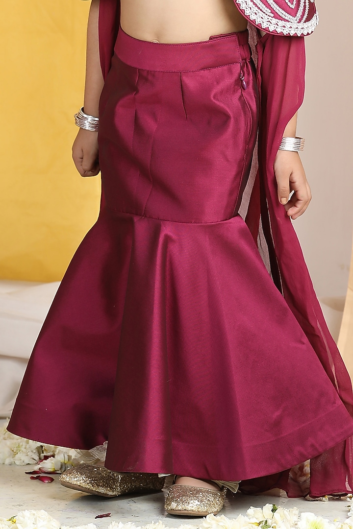 Maroon Silk & Georgette Moti Hand Work Jacket Lehenga Set For Girls by The Little celebs at Pernia's Pop Up Shop