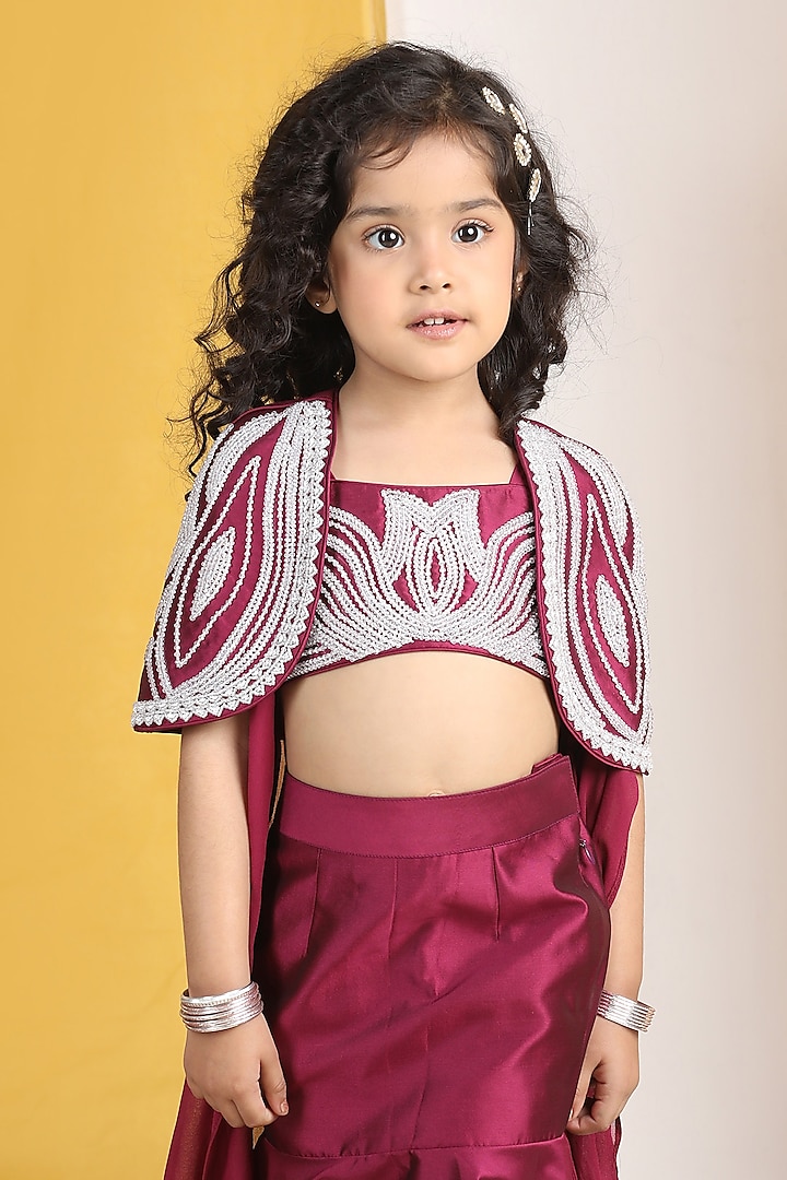 Maroon Silk & Georgette Moti Hand Work Jacket Lehenga Set For Girls by The Little celebs at Pernia's Pop Up Shop