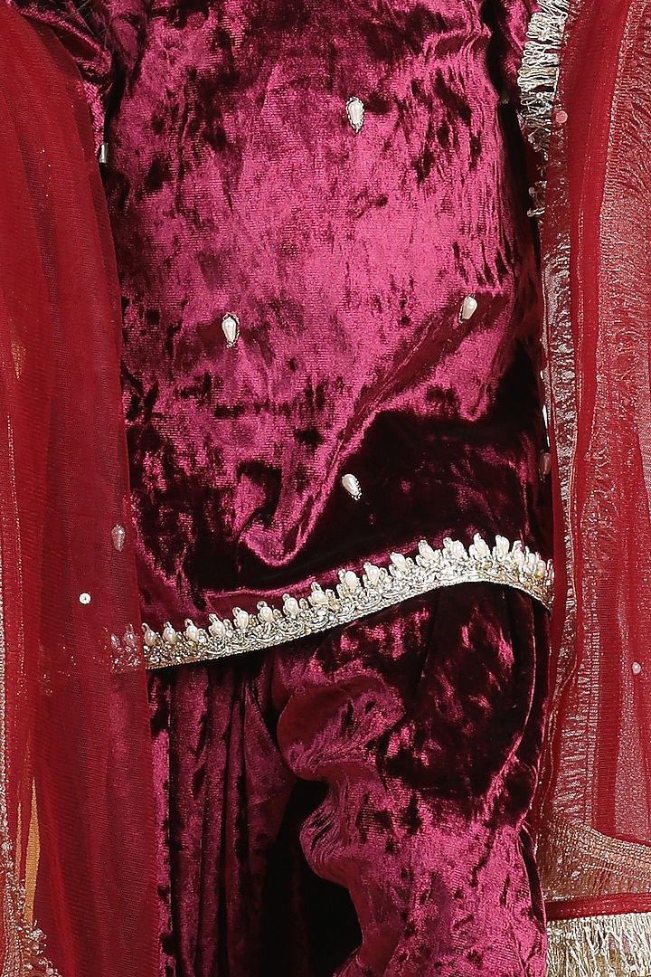Maroon Velvet Pearl Work Kurta Set For Girls by The Little celebs at Pernia's Pop Up Shop