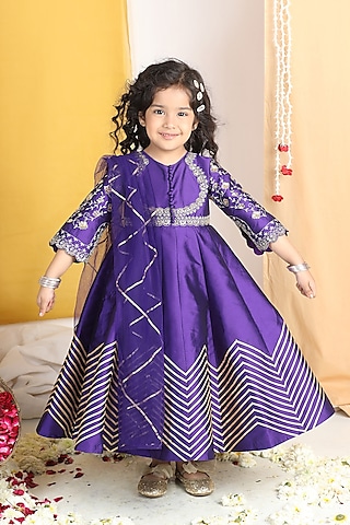 Purple Silk Sequins Work Anarkali Set For Girls by The Little celebs