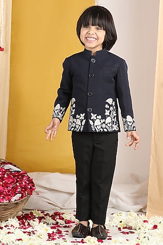 Black Imported Crepe Thread Embroidered Sherwani Set For Boys by The Little celebs