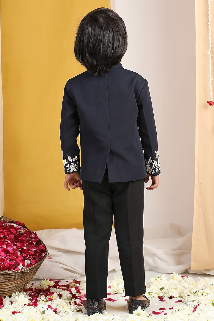 Black Imported Crepe Thread Embroidered Sherwani Set For Boys by The Little celebs at Pernia's Pop Up Shop
