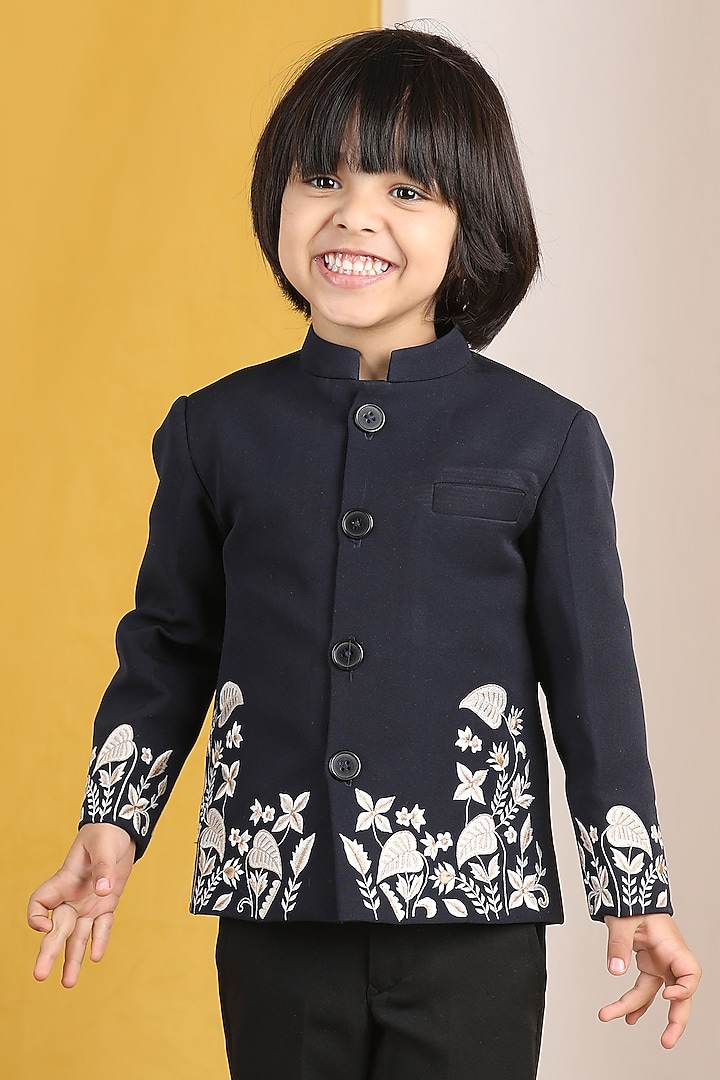 Black Imported Crepe Thread Embroidered Sherwani Set For Boys by The Little celebs at Pernia's Pop Up Shop