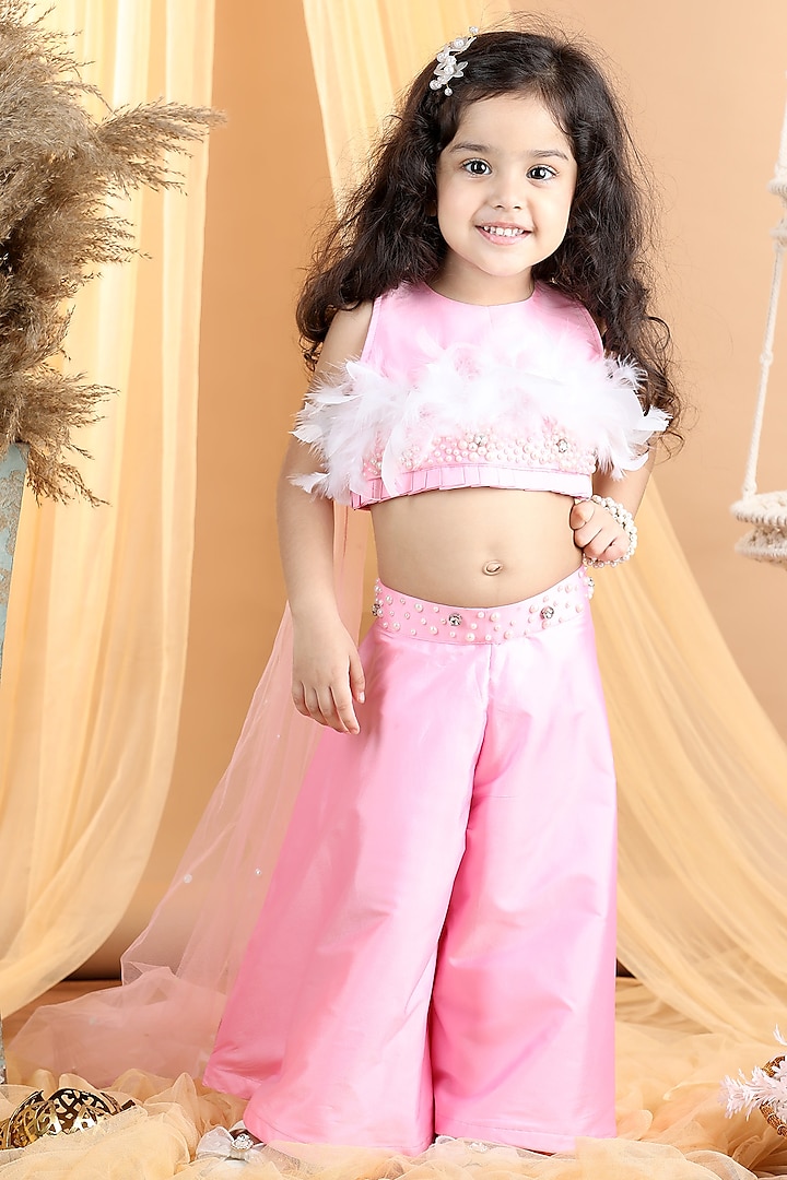 Baby Pink Silk Hand Embroidered Co-Ord Set For Girls by The Little celebs