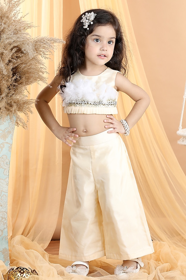 Beige Silk Embroidered Co-Ord Set For Girls by The Little celebs