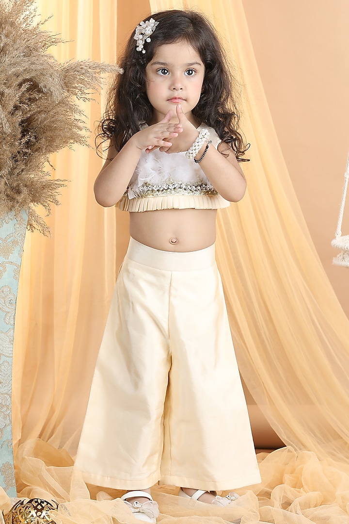 Beige Silk Embroidered Co-Ord Set For Girls by The Little celebs at Pernia's Pop Up Shop