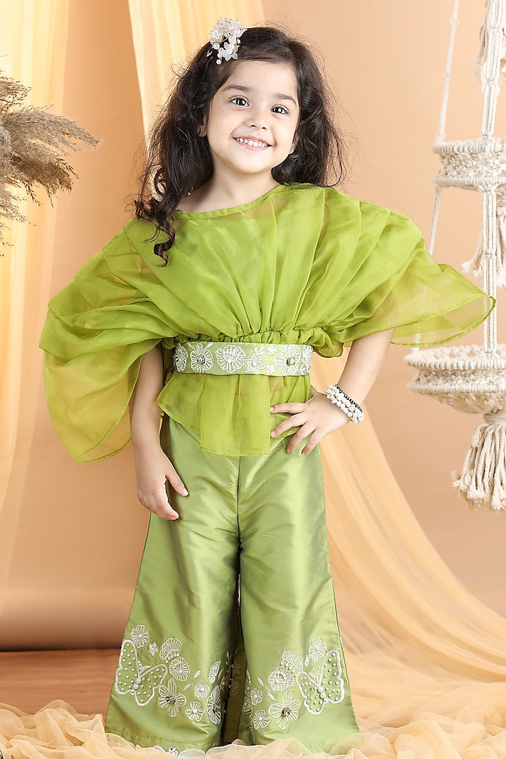 Green Silk & Organza Embroidered Pant Set For Girls by The Little celebs at Pernia's Pop Up Shop