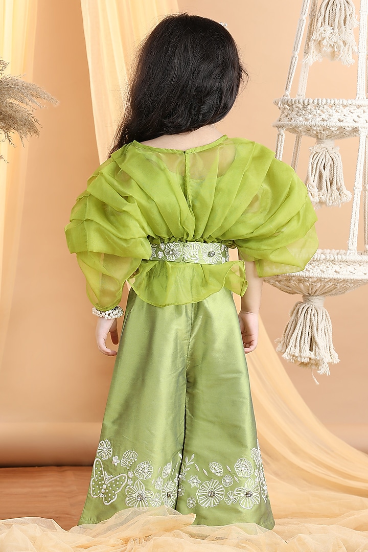 Green Silk & Organza Embroidered Pant Set For Girls by The Little celebs at Pernia's Pop Up Shop