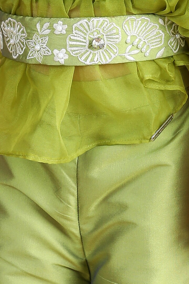 Green Silk & Organza Embroidered Pant Set For Girls by The Little celebs at Pernia's Pop Up Shop