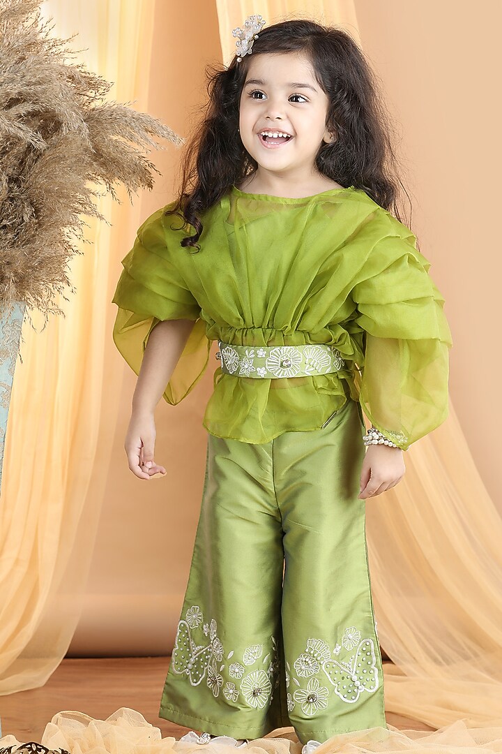 Green Silk & Organza Embroidered Pant Set For Girls by The Little celebs at Pernia's Pop Up Shop