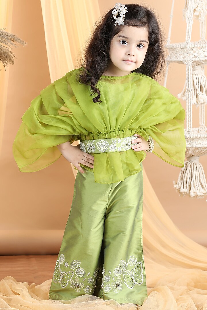 Green Silk & Organza Embroidered Pant Set For Girls by The Little celebs at Pernia's Pop Up Shop