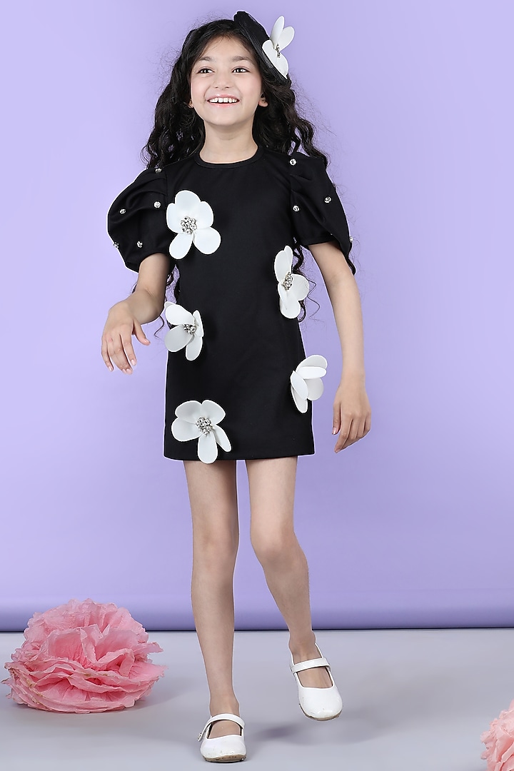 Black Slim Scuba Stone Embellished Dress For Girls by The Little celebs