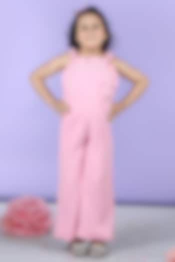 Baby Pink Imported Crepe Pearl Embellished Jumpsuit For Girls by The Little celebs