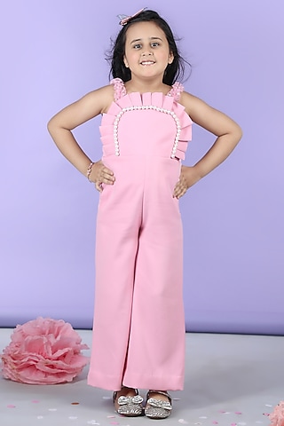 Baby Pink Imported Crepe Pearl Embellished Jumpsuit For Girls by The Little celebs