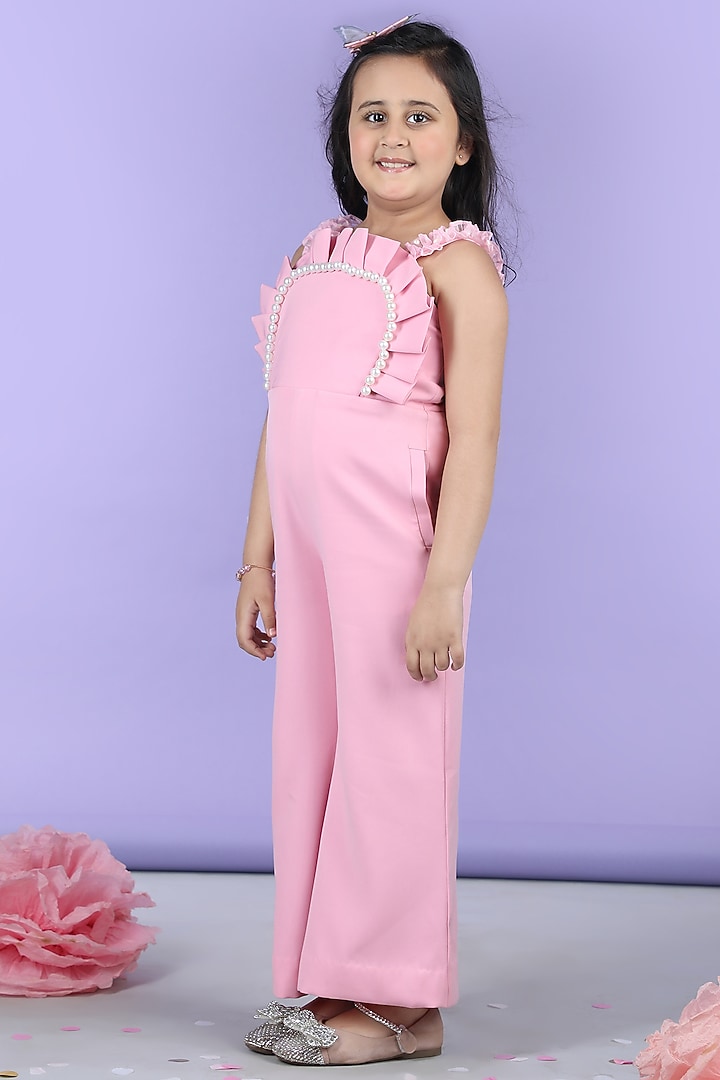 Baby Pink Imported Crepe Pearl Embellished Jumpsuit For Girls by The Little celebs at Pernia's Pop Up Shop
