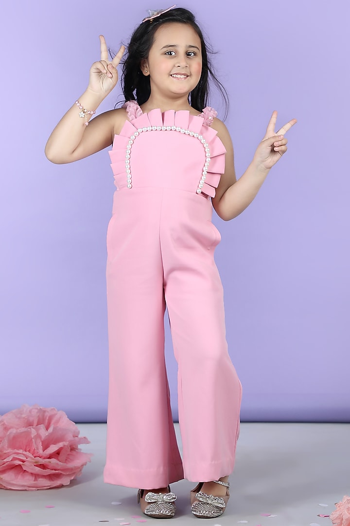 Baby Pink Imported Crepe Pearl Embellished Jumpsuit For Girls by The Little celebs at Pernia's Pop Up Shop