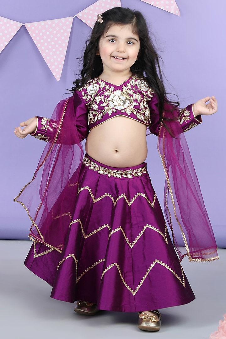 Purple Silk Gota Embroidered Lehenga Set For Girls by The Little celebs