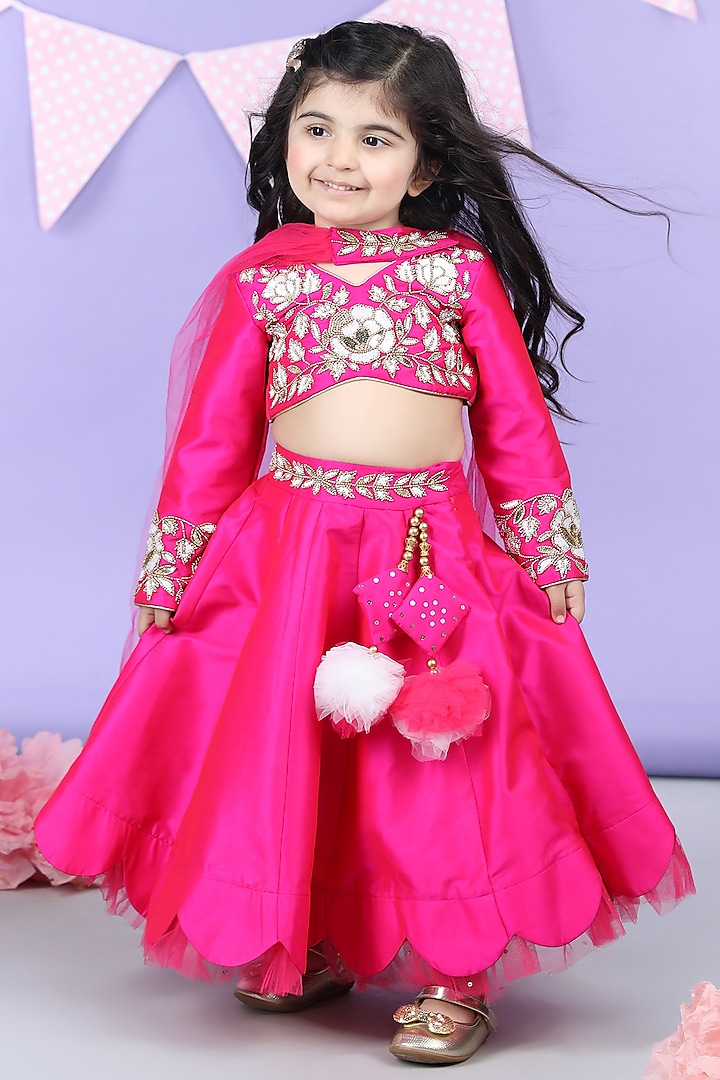 Hot Pink Silk Scalloped Lehenga Set For Girls by The Little celebs at Pernia's Pop Up Shop