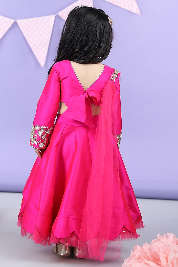 Hot Pink Silk Scalloped Lehenga Set For Girls by The Little celebs at Pernia's Pop Up Shop