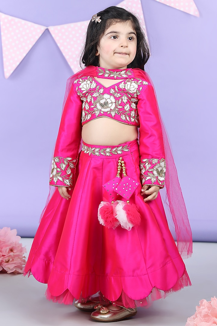 Hot Pink Silk Scalloped Lehenga Set For Girls by The Little celebs at Pernia's Pop Up Shop
