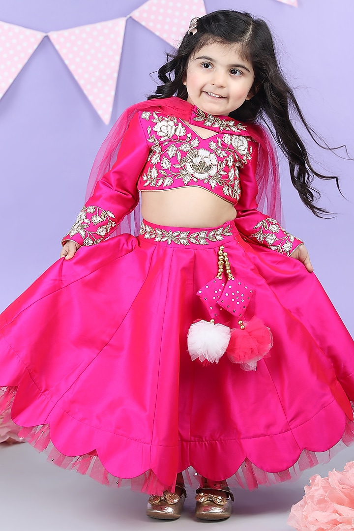 Hot Pink Silk Scalloped Lehenga Set For Girls by The Little celebs at Pernia's Pop Up Shop